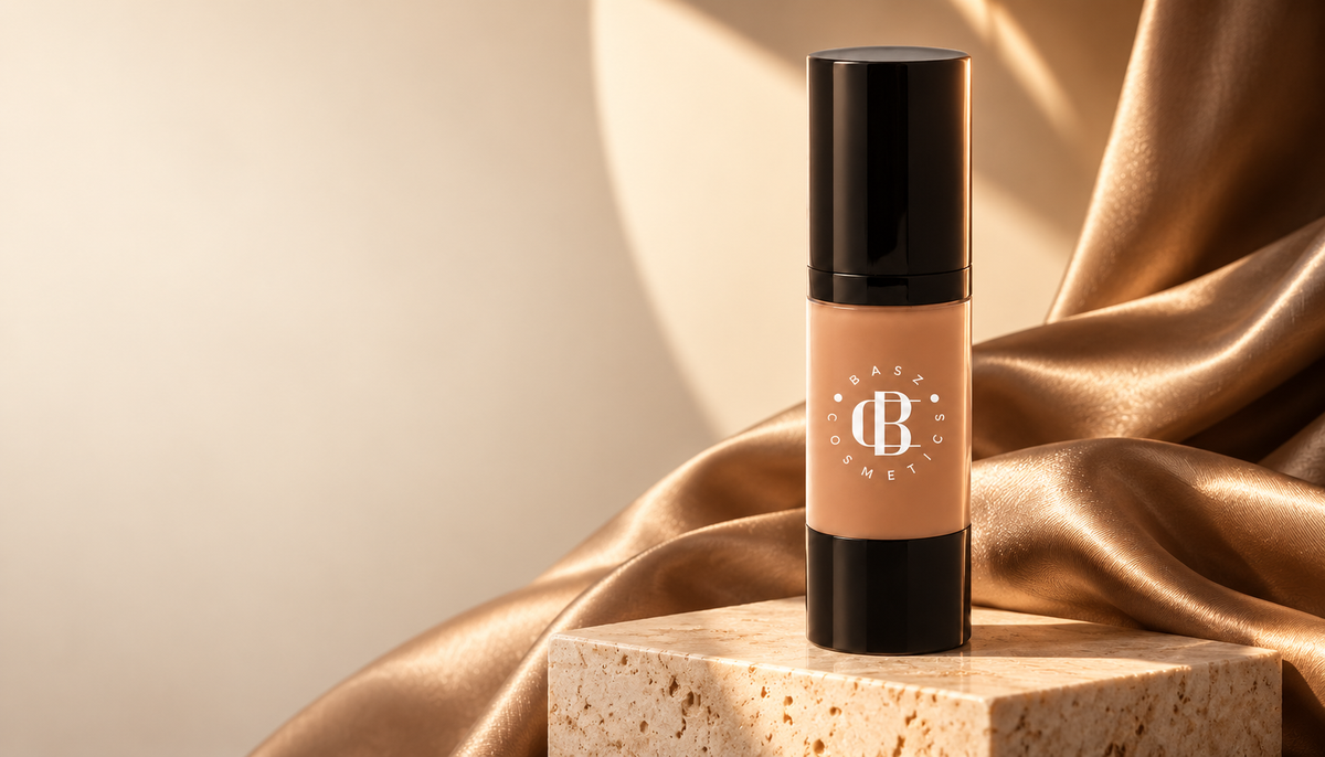 BaszCosmetics Bare It All foundation in a champagne satin campaign setting