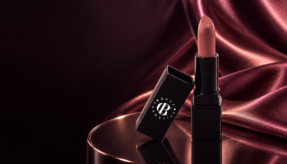 BaszCosmetics Soft Launch lipstick in a rose satin and smoked mirror campaign setting