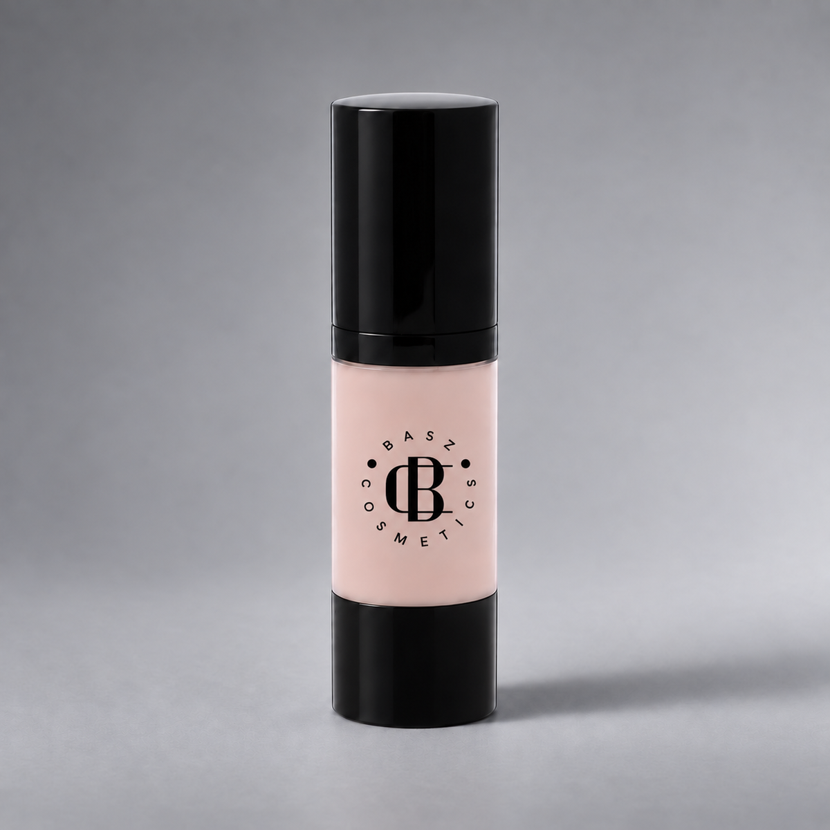 BaszCosmetics Bare It All Liquid Foundation — Porcelain Crush (101), black logo on gray studio background