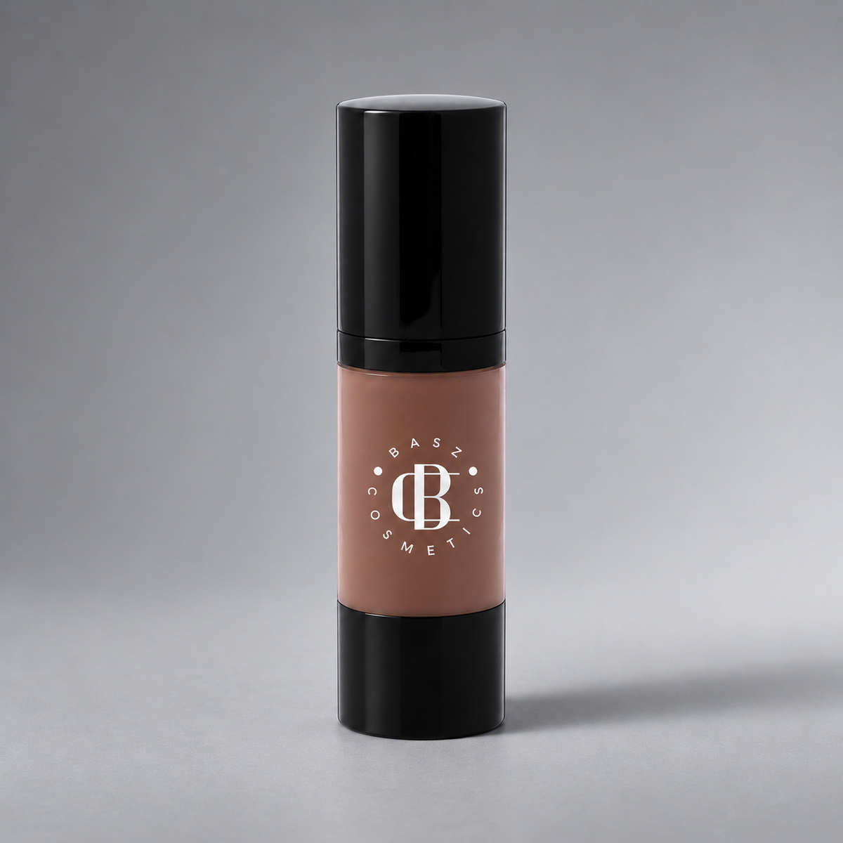 BaszCosmetics Bare It All Liquid Foundation — Coffee Confidence (108), white logo on gray studio background
