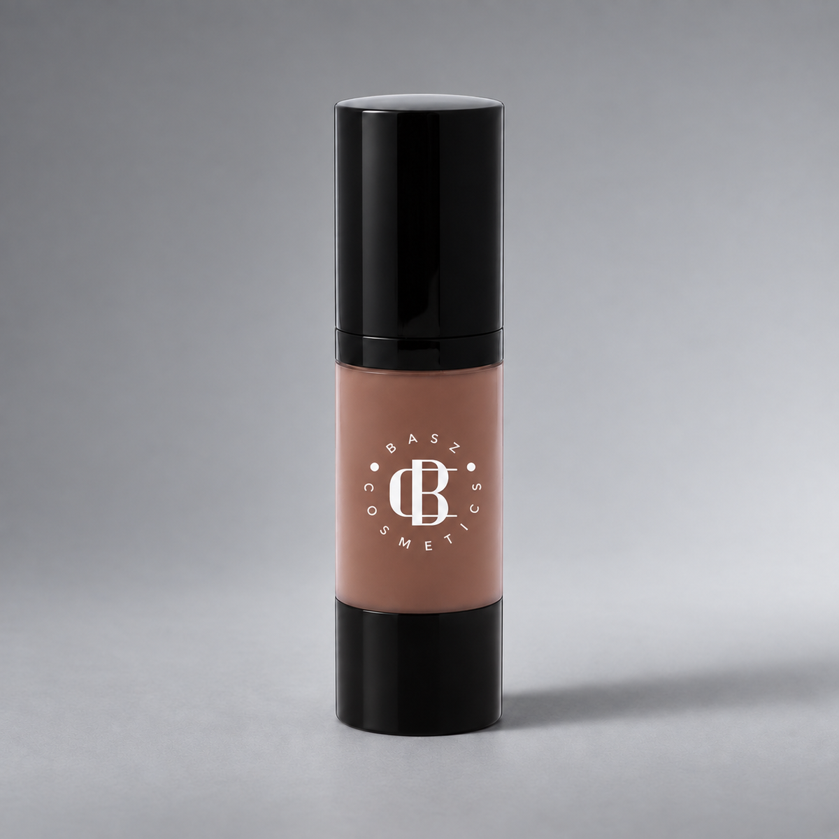 BaszCosmetics Bare It All Liquid Foundation — Chestnut Chic (157), white logo on gray studio background
